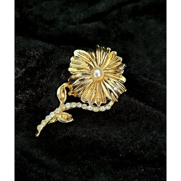 vintage gold tone floral design chrystal lined stem brooch - Picture 3 of 11